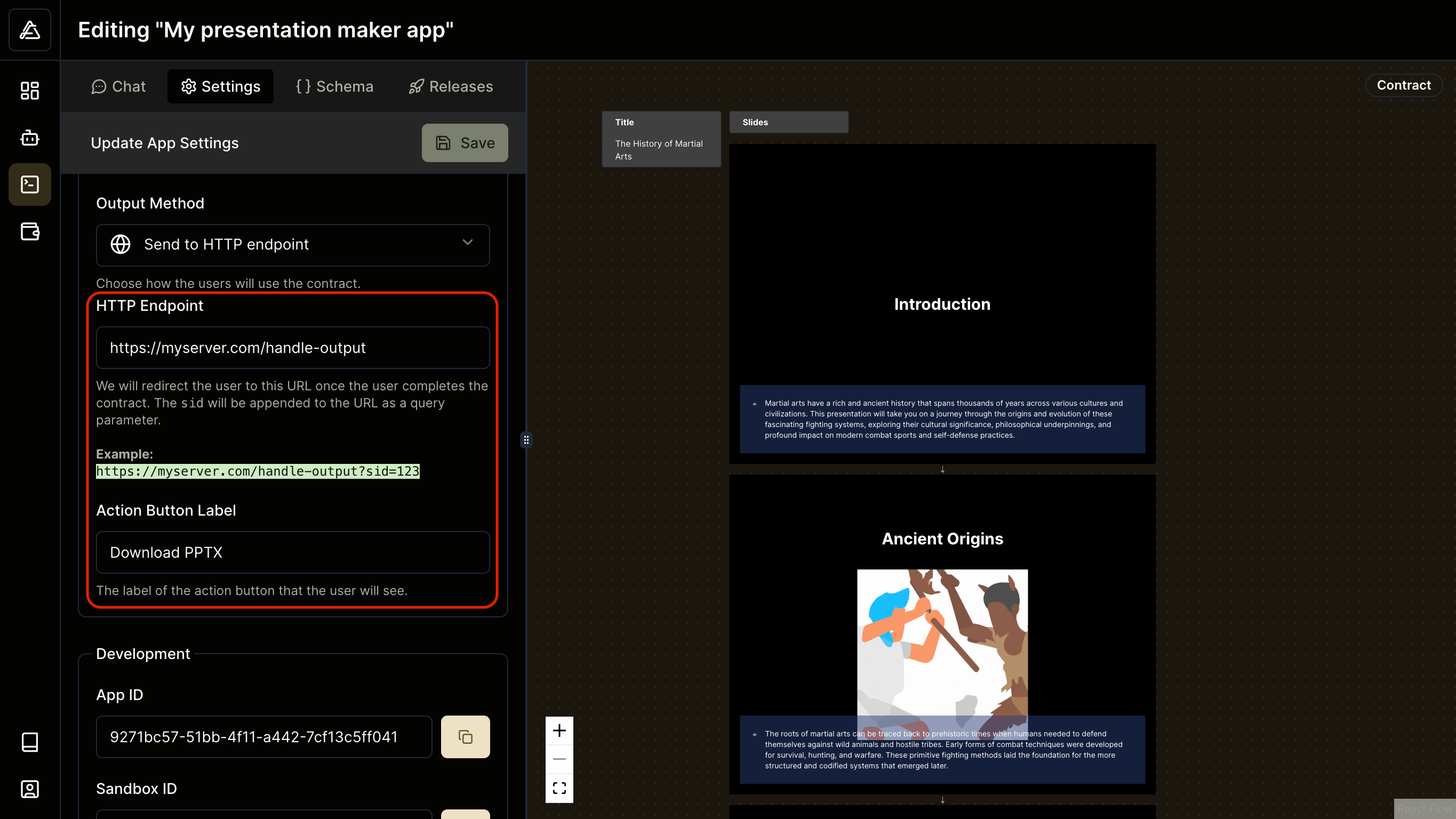 A screenshot of the app settings tab showing the HTTP endpoint settings