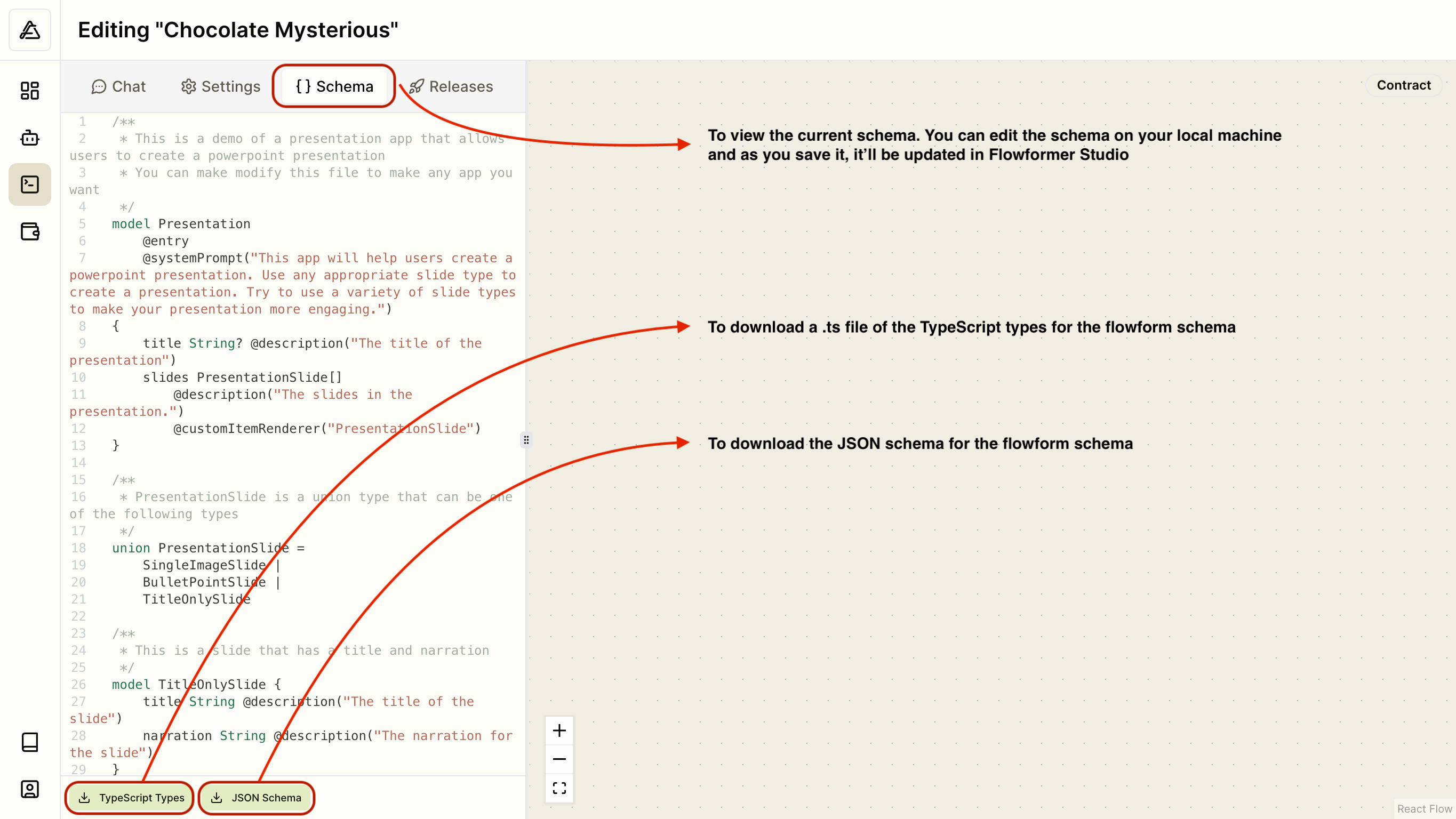 A screenshot of the Flowformer studio's schema tab