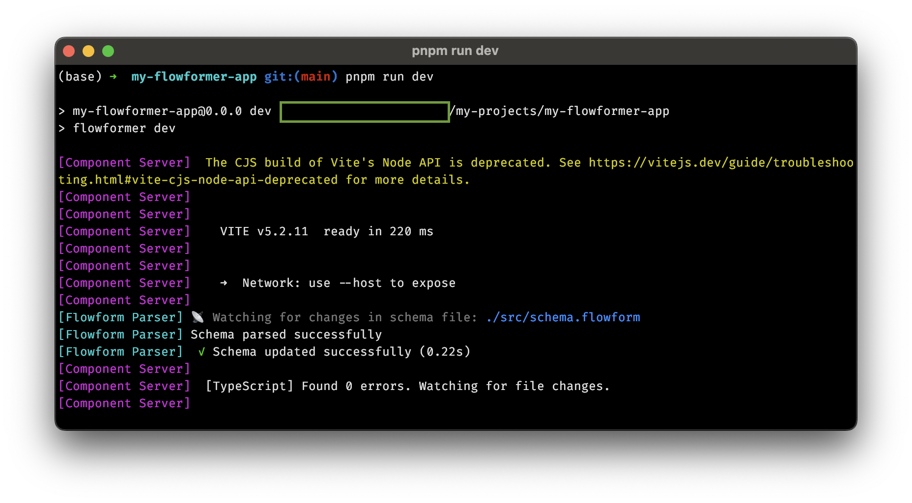 Terminal showing the result of running npm dev